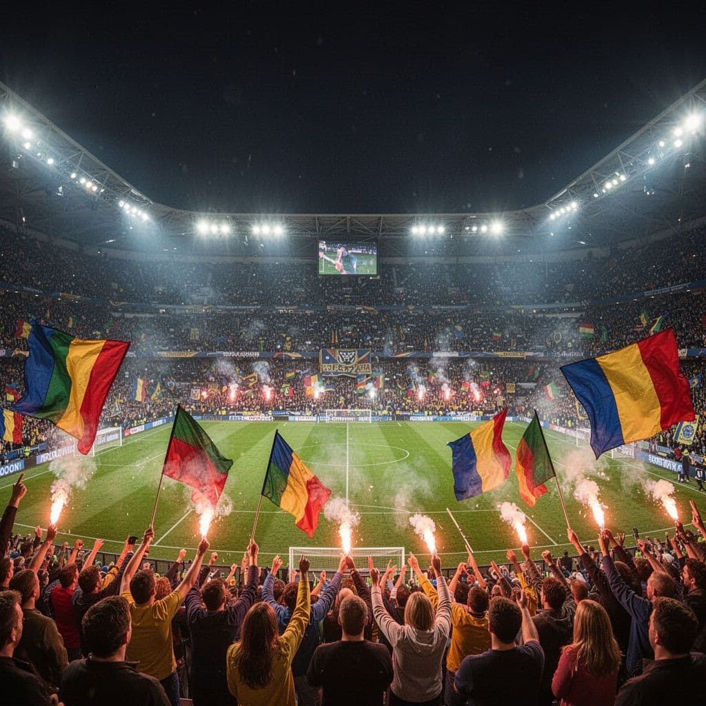 Wide shot of night football match in Indonesian stadium filled with cheering fans, flares, and flags.