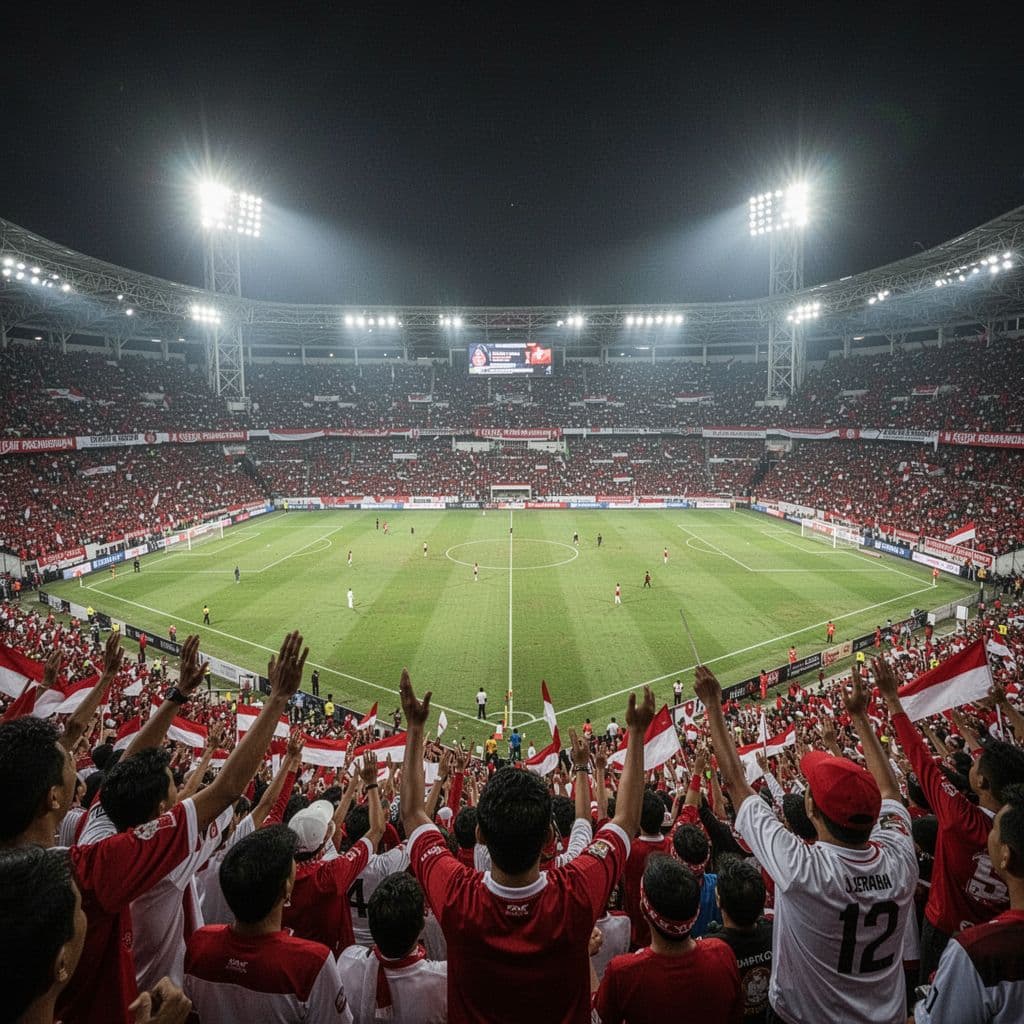 Brightly lit green soccer field during night match, surrounded by cheering crowds in stands from spectator view.