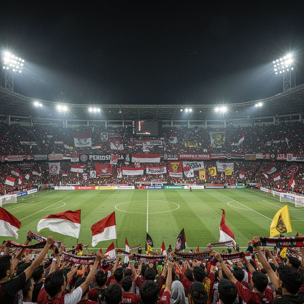 A packed stadium at night features cheering fans holding banners above a vibrant green football pitch.