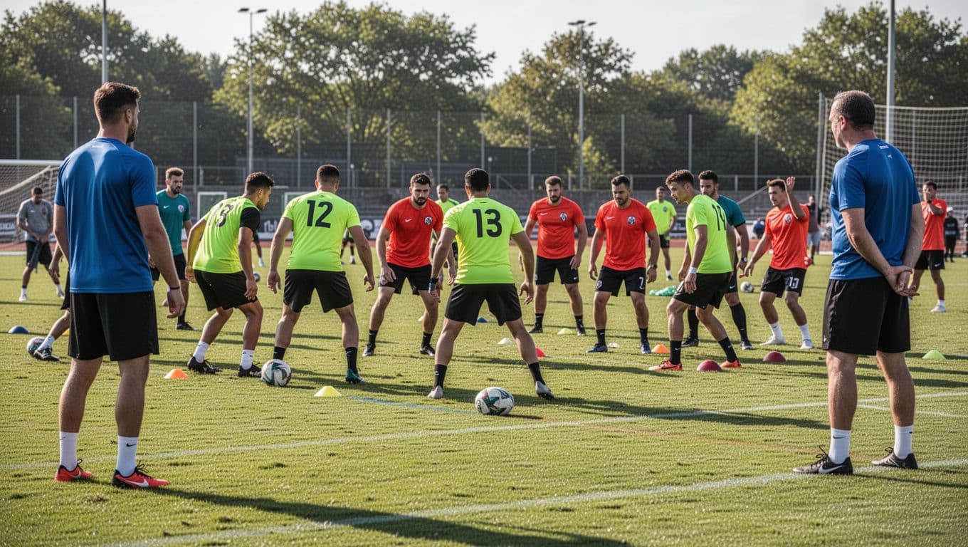 Indonesian national team players engage in intense drills on a lush green field under bright sunlight. A dedicated coach stands nearby, observing the tactical execution and movement of the athletes.