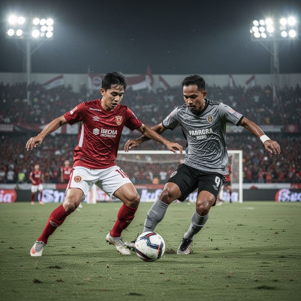 Two opposing players compete for the soccer ball under stadium lights at night, crowd in background.