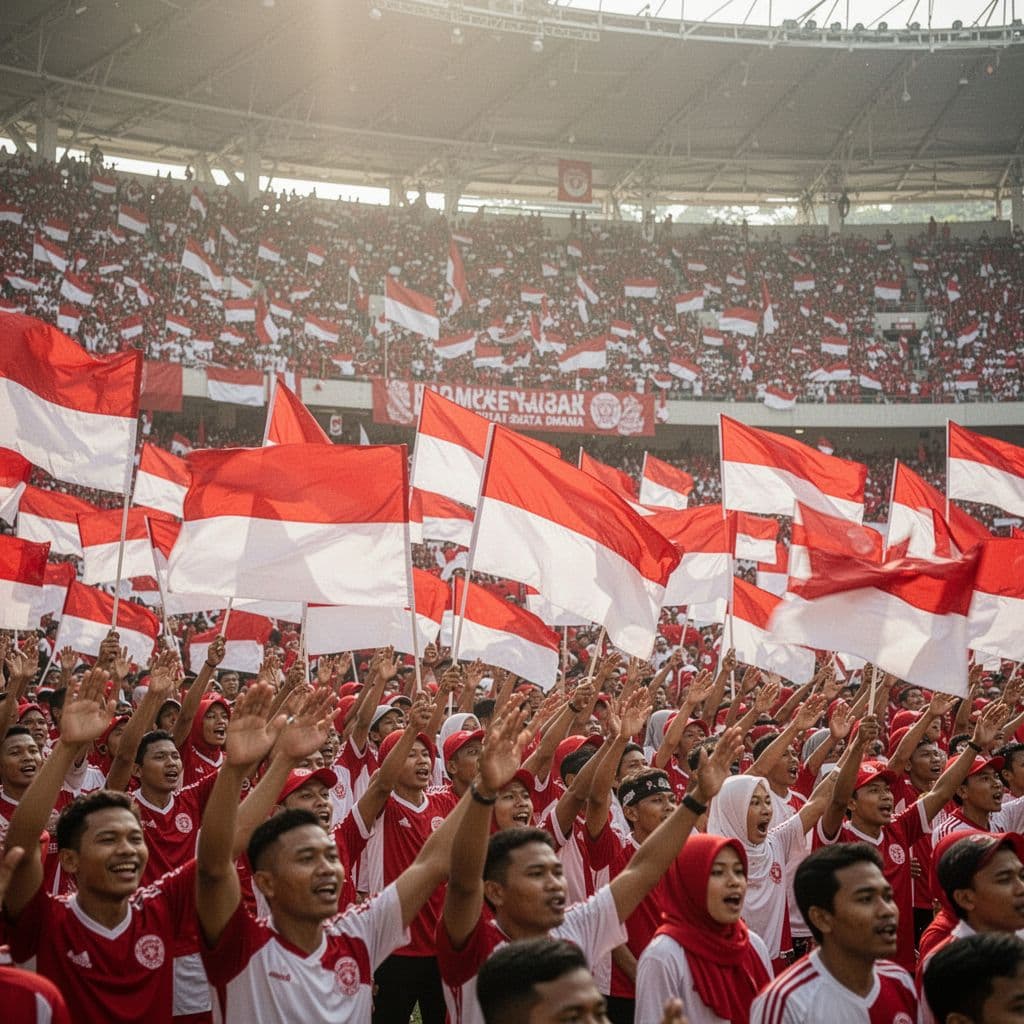 A massive crowd of soccer fans fills a stadium while waving red and white flags.