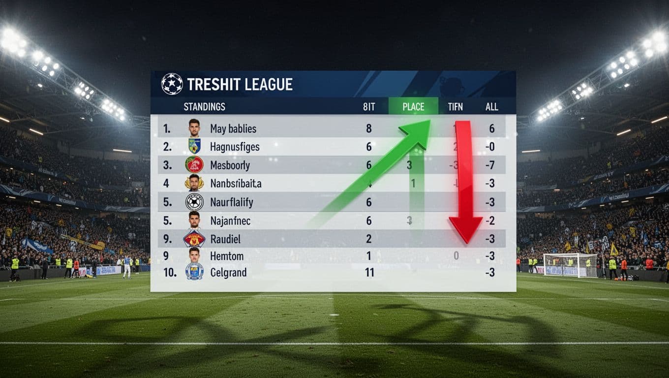 Night stadium screen shows standings table with Bhayangkara Presisi at 6th green up arrow and Madura United at 14-15 red down arrow, lit green field and crowd behind.
