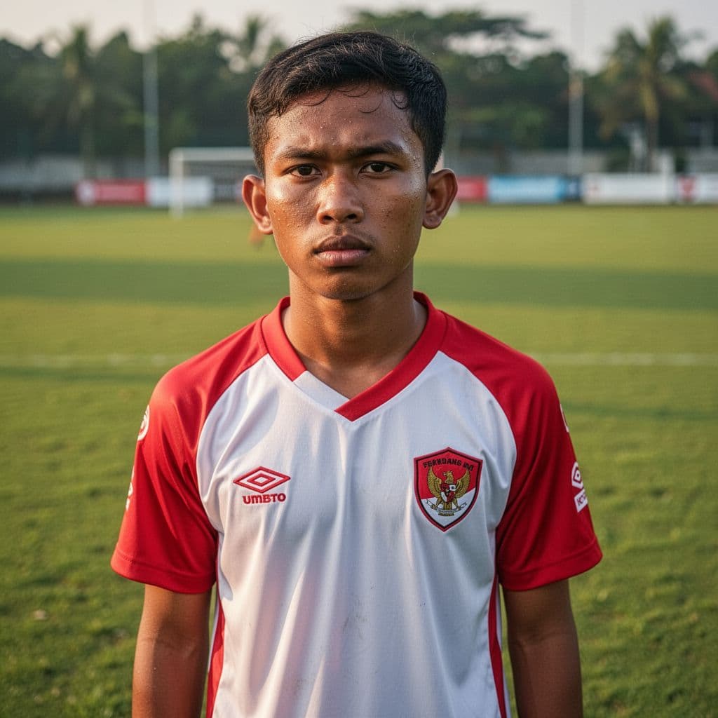 A determined young athlete wearing a white and red jersey stands on a vibrant grass field. Soft afternoon sunlight illuminates his focused expression during a focused tactical training session outdoors.