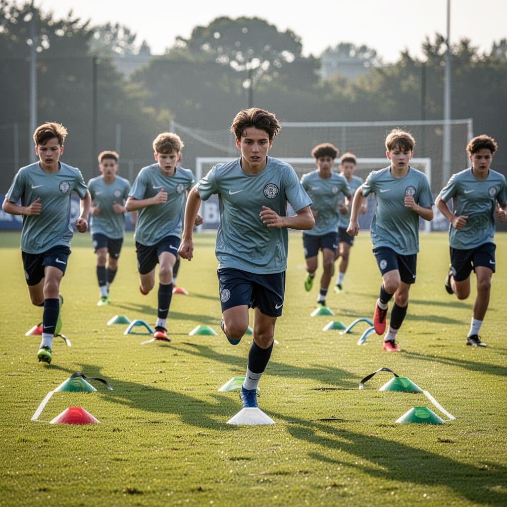 Young athletes wearing blank red and white training kits sprint across a vibrant green pitch. The wide angle shot captures their coordinated movement during an intense morning fitness session outdoors.