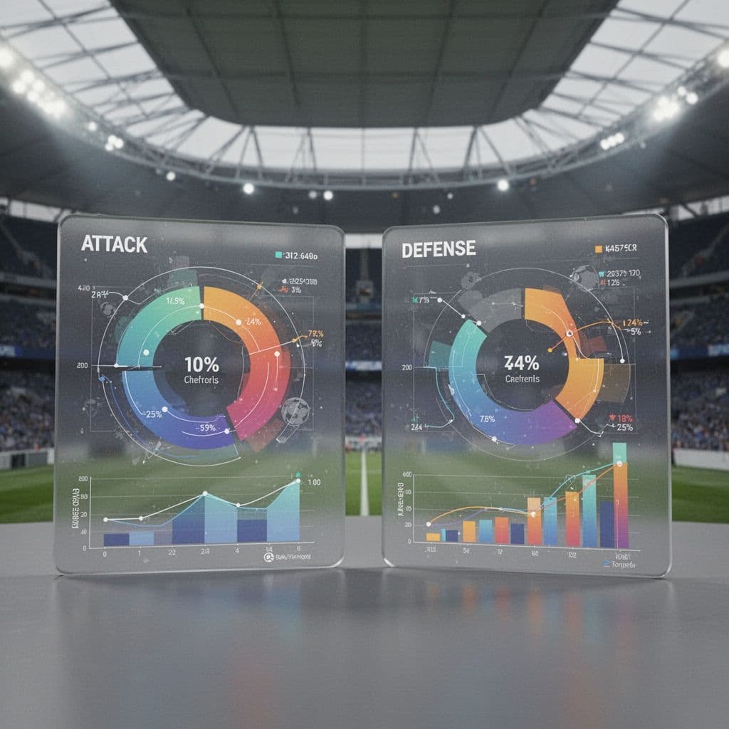 Dua grafik perbandingan sepak bola menampilkan data serangan dan pertahanan dengan desain bersih. Latar belakang stadion yang buram memberikan nuansa profesional untuk analisis data pertandingan tim nasional yang mendalam.
