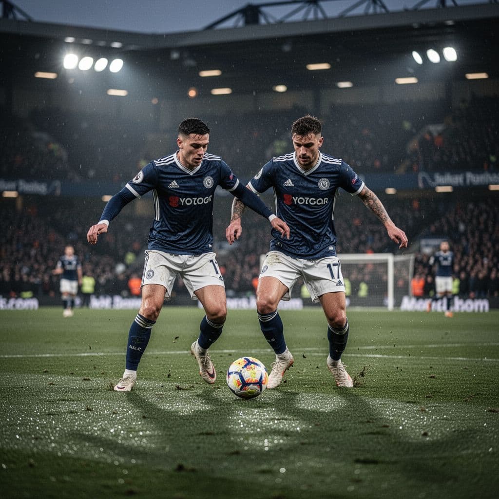 Players in dark blue and white kits compete intensely in an evening stadium match with one football on grass.