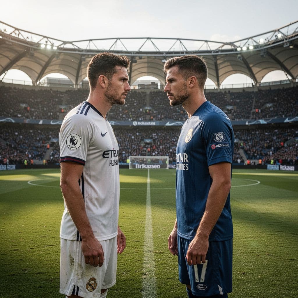 Two professional players from opposing teams face off intensely on the grass at Stamford Bridge.