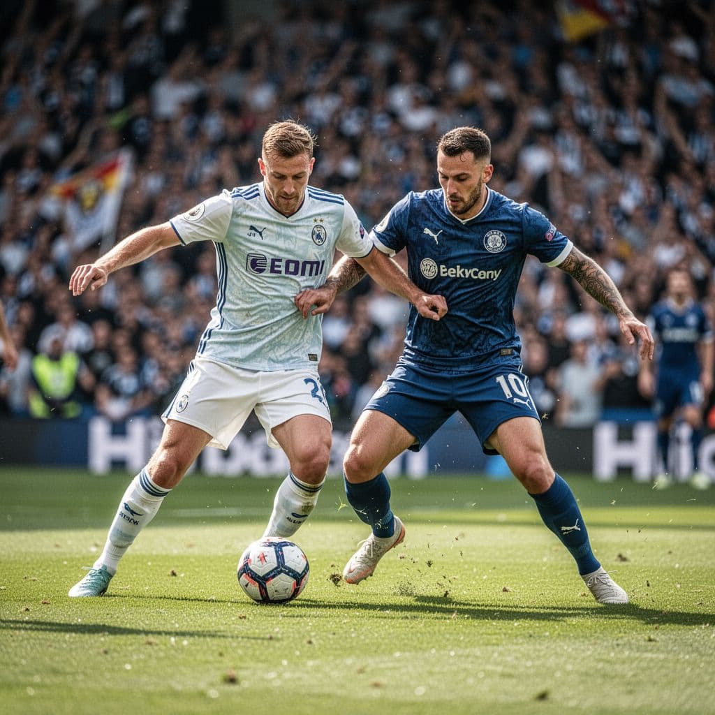 A focused football player battles for possession on the green pitch during a professional match.