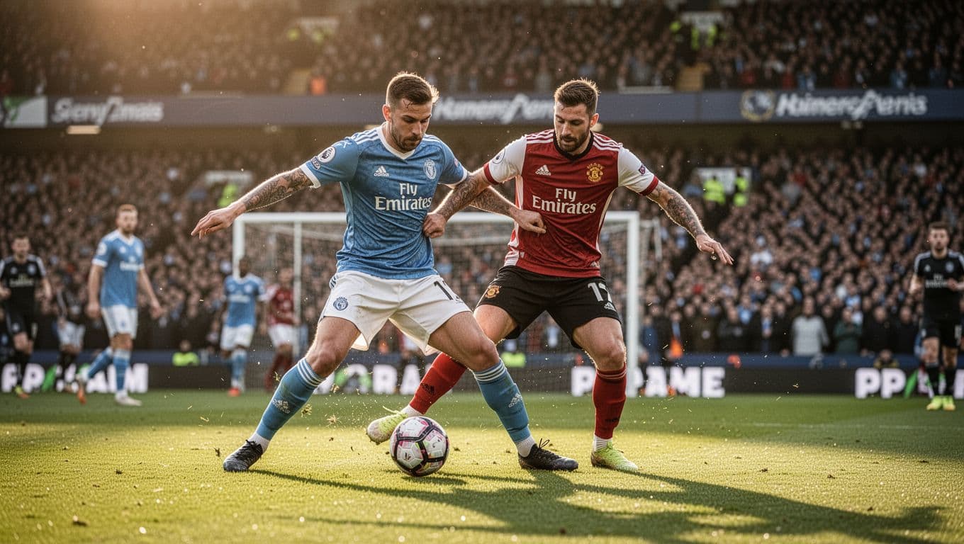 Two professional athletes from opposing teams scramble for possession on a lush green pitch. A crowded stadium stands blurred in the background under the warm glow of late afternoon sun.