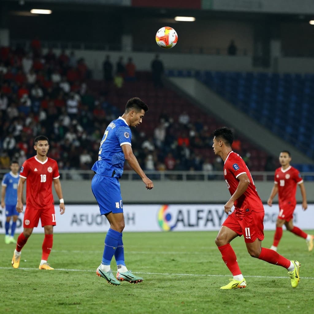 Two soccer players in blue and red jerseys compete for ball possession on a stadium pitch.