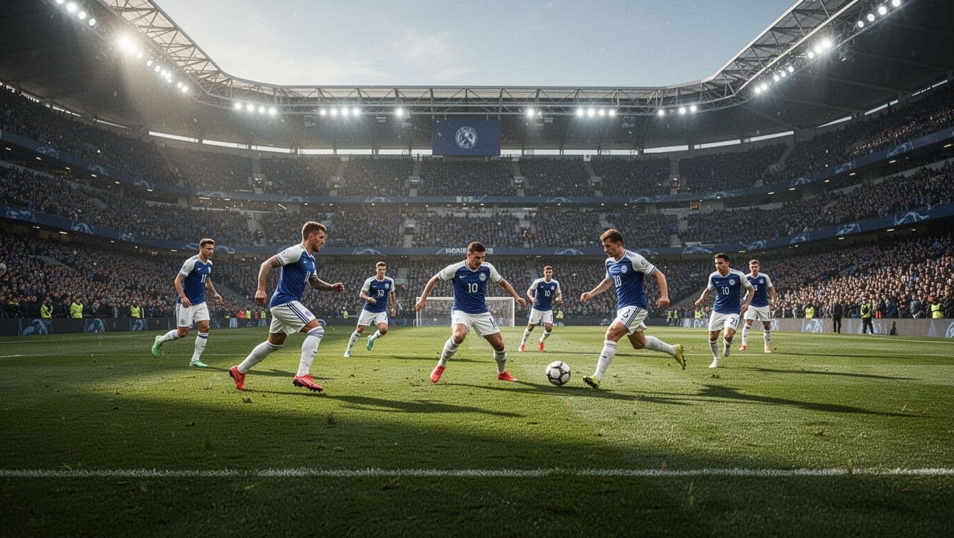 Athletes in blue and white uniforms compete for possession on a vibrant green pitch during a night match. High-intensity stadium lights cast a crisp glow over the expansive grass playing field.
