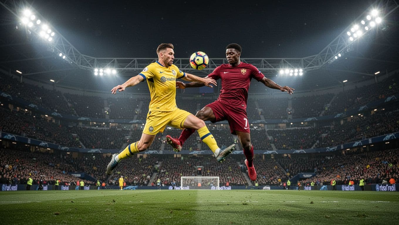 A player wearing a yellow Brasil jersey lunges toward the ball while challenging an opponent in a red Morocco kit. Bright stadium floodlights illuminate the grass pitch during an intense match.