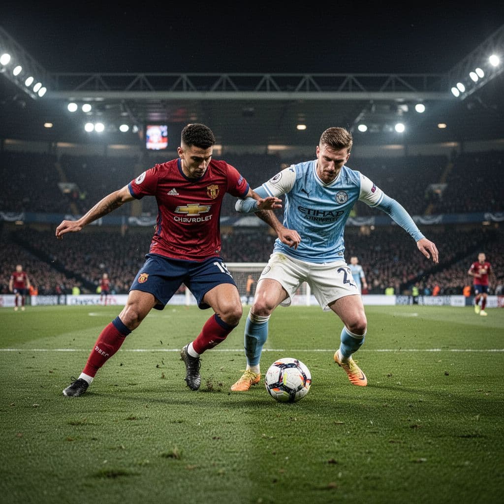 Two opposing football players compete for the ball on a grass pitch under stadium floodlights.