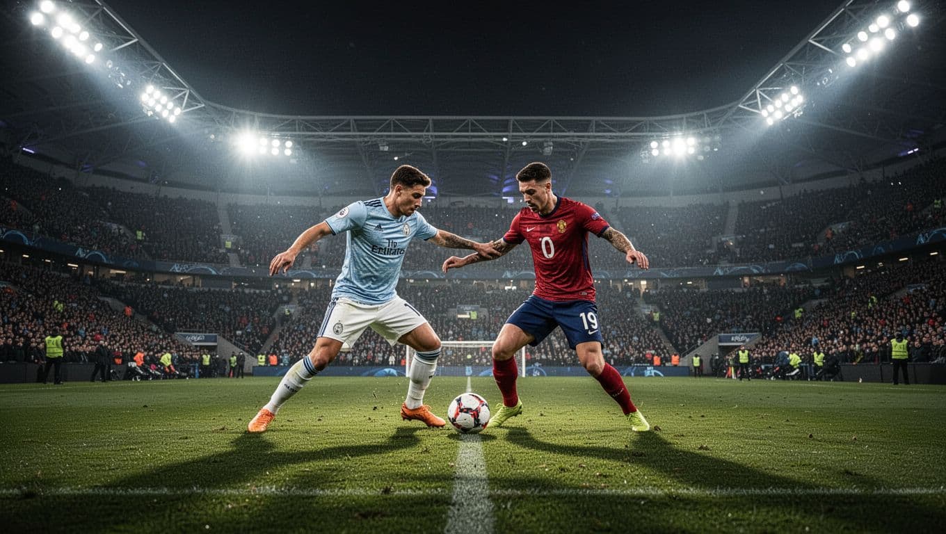Dua pemain sepak bola dari tim berbeda saling berhadapan memperebutkan bola di tengah lapangan stadion modern yang penuh penonton saat malam hari, pencahayaan dramatis, fokus pada intensitas dan kompetisi, gaya fotografi olahraga profesional, tidak ada teks, tidak ada logo.
