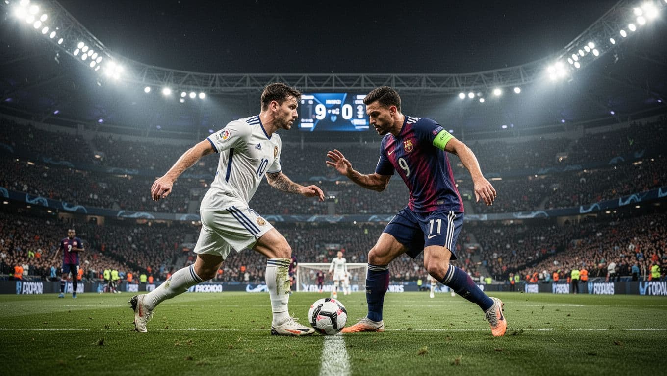 Focused players stand on a vivid green pitch under bright stadium floodlights during a high-stakes game. The atmosphere captures deep concentration as they prepare for a crucial group stage outcome.