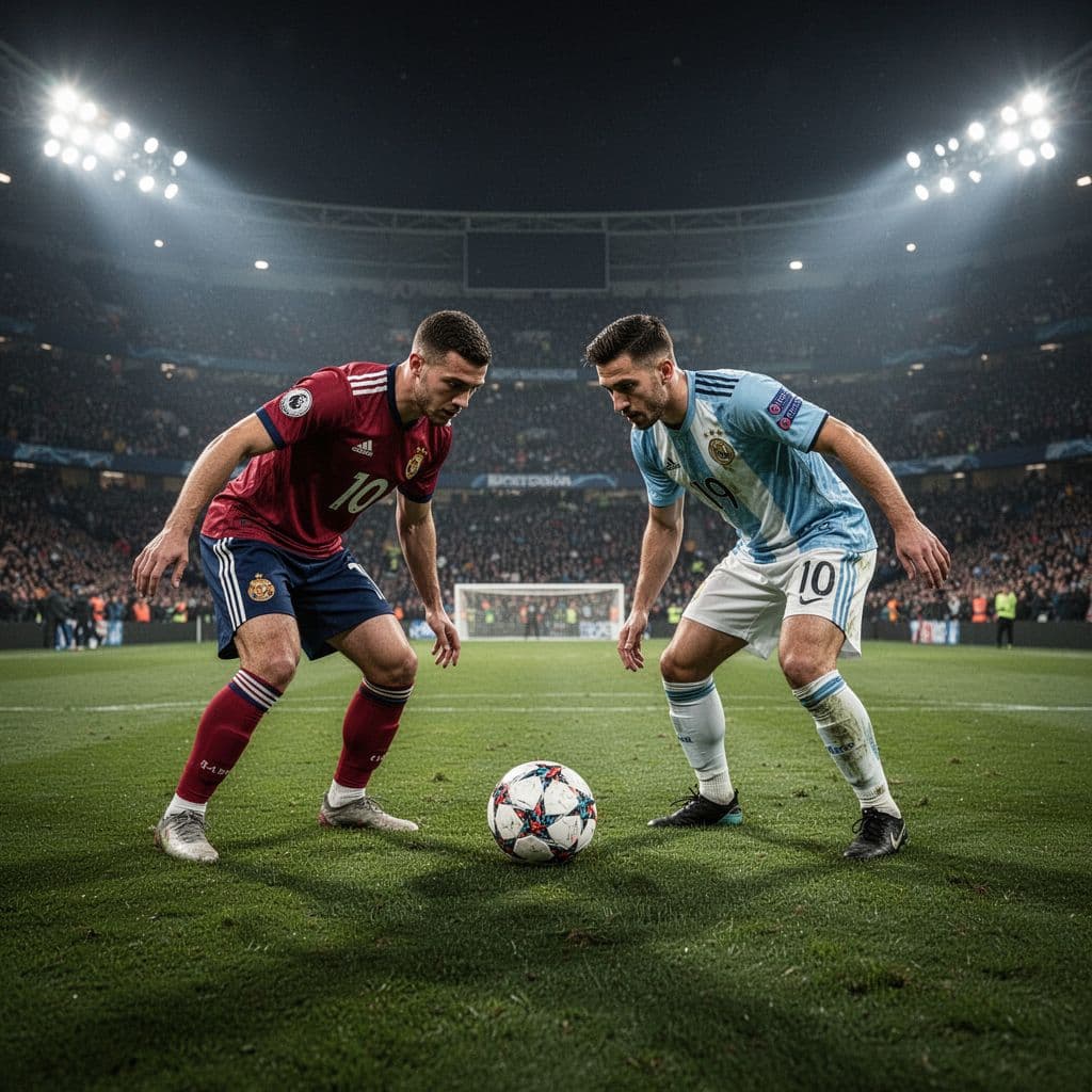 Two soccer players contest possession of the ball during a night game in a brightly lit stadium.
