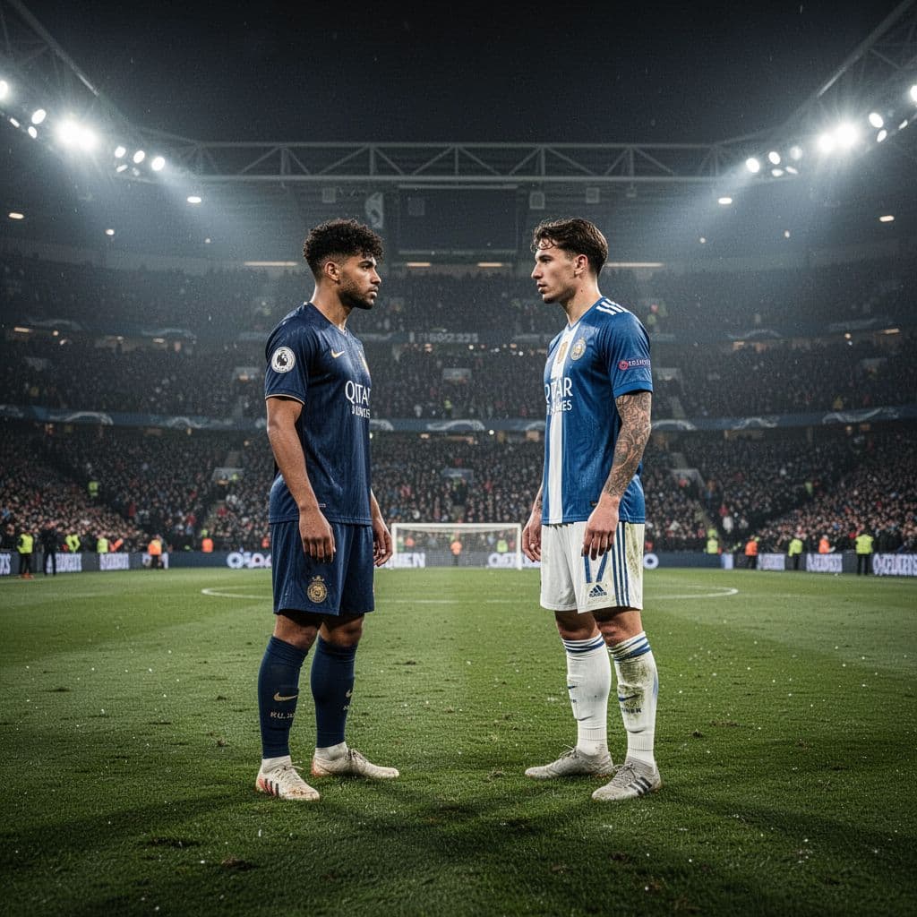 Two football players face each other on a brightly lit stadium field during a night match.