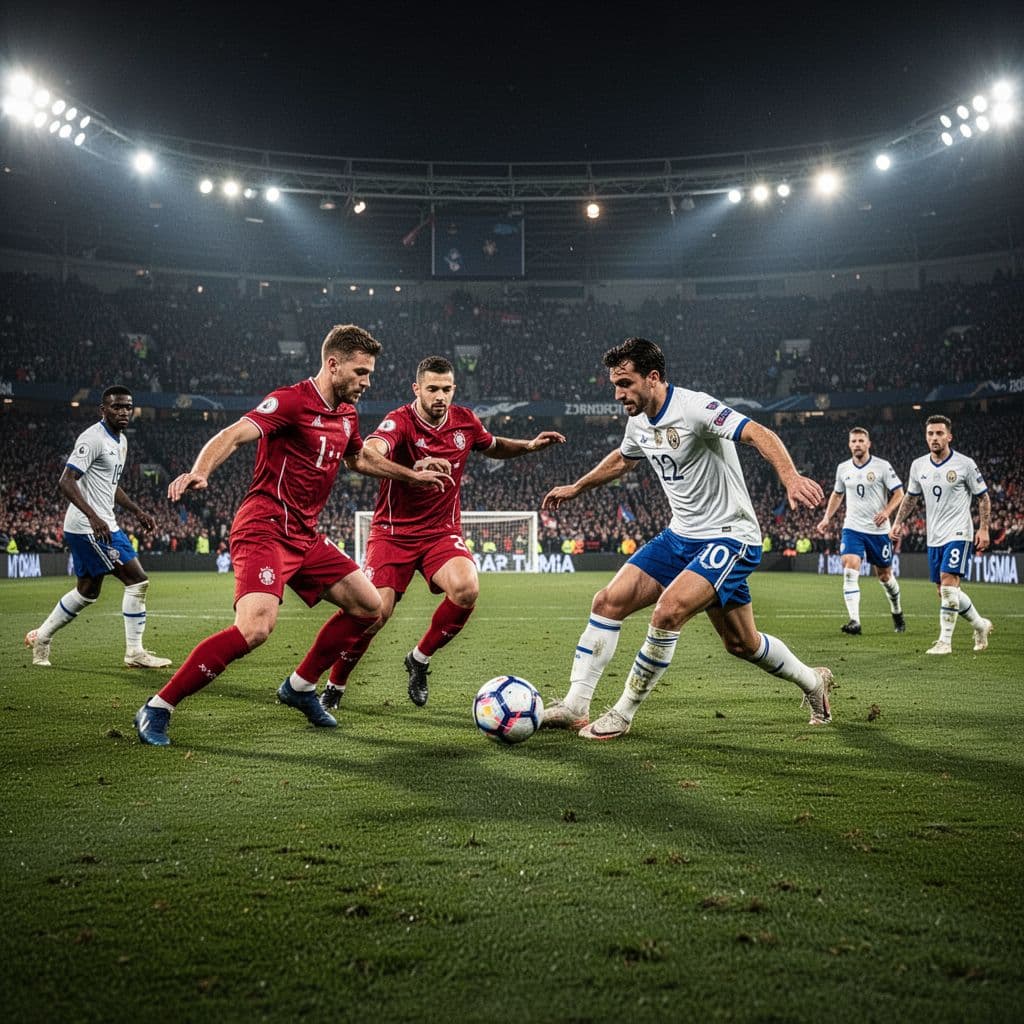 Dynamic mid-field action between red and white-blue teams in packed stadium under bright lights.