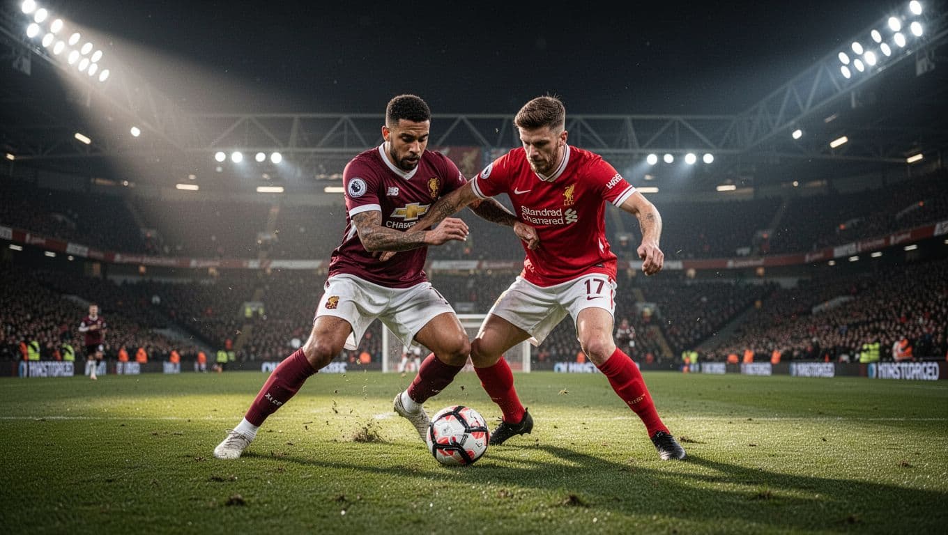 A player wearing a maroon jersey aggressively slides to tackle an opponent in a red kit on a grass field. Bright stadium floodlights cast long, dramatic shadows across the wet pitch.