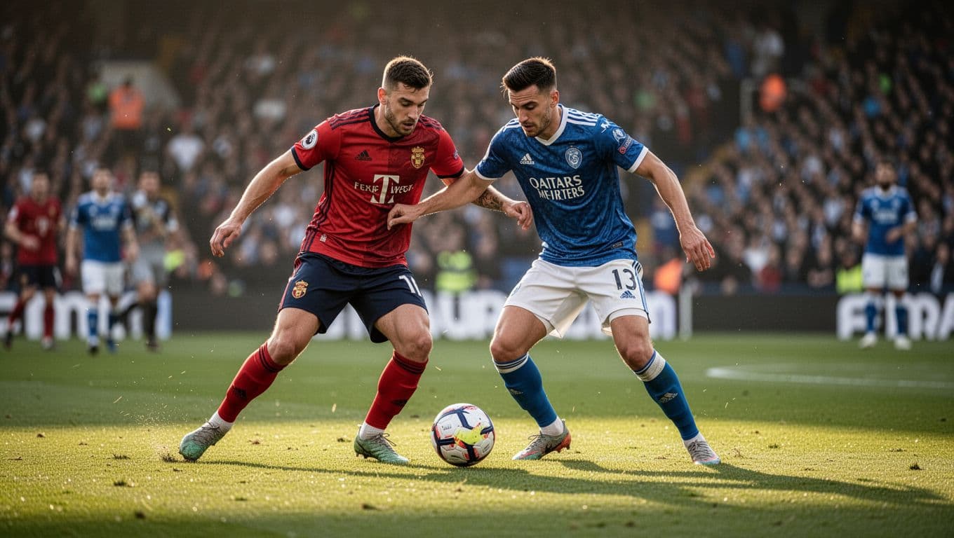 Two athletes in contrasting team uniforms battle for ball possession on a lush green pitch. The stadium crowd remains softly out of focus behind the intense athletic physical engagement.