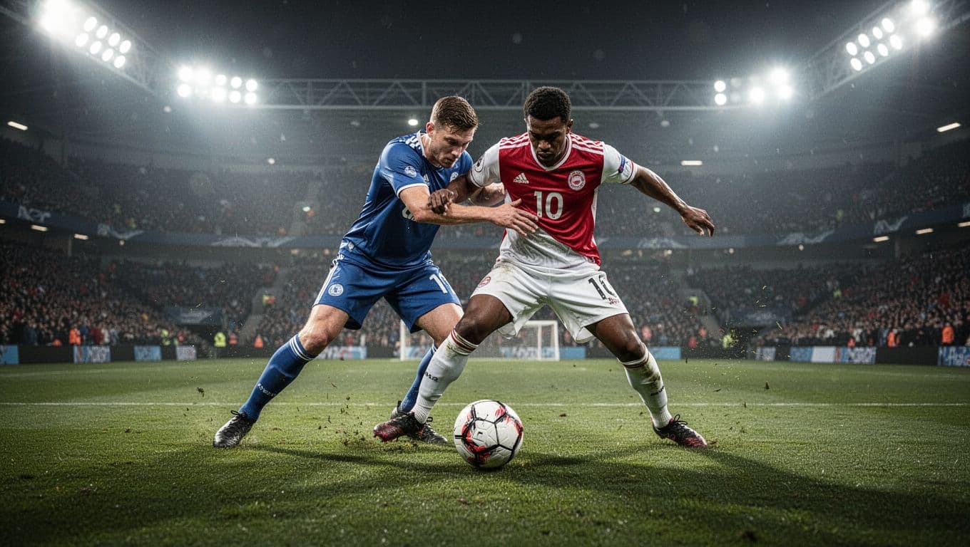 Dua pemain dari tim berbeda berebut bola dalam duel fisik di tengah lapangan, dengan sorot lampu stadion yang tajam dan suasana pertandingan yang padat.