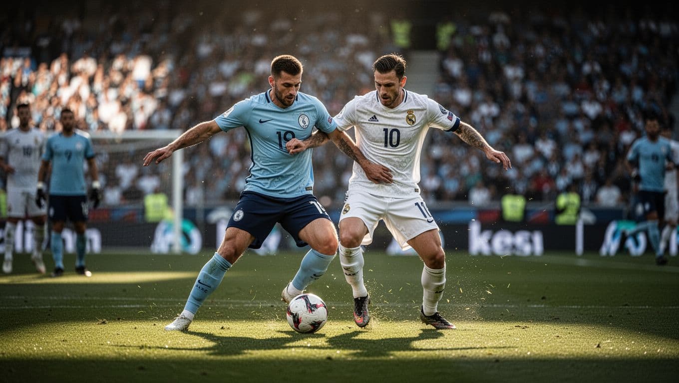 A player in a light blue jersey challenges an opponent wearing white for possession of the ball on the pitch. The stadium crowd is blurred in the background under dramatic natural light.