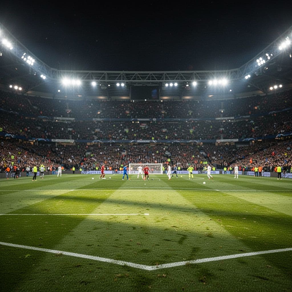 Wide-angle view of lit grass pitch in stadium with blurred crowd background during match.