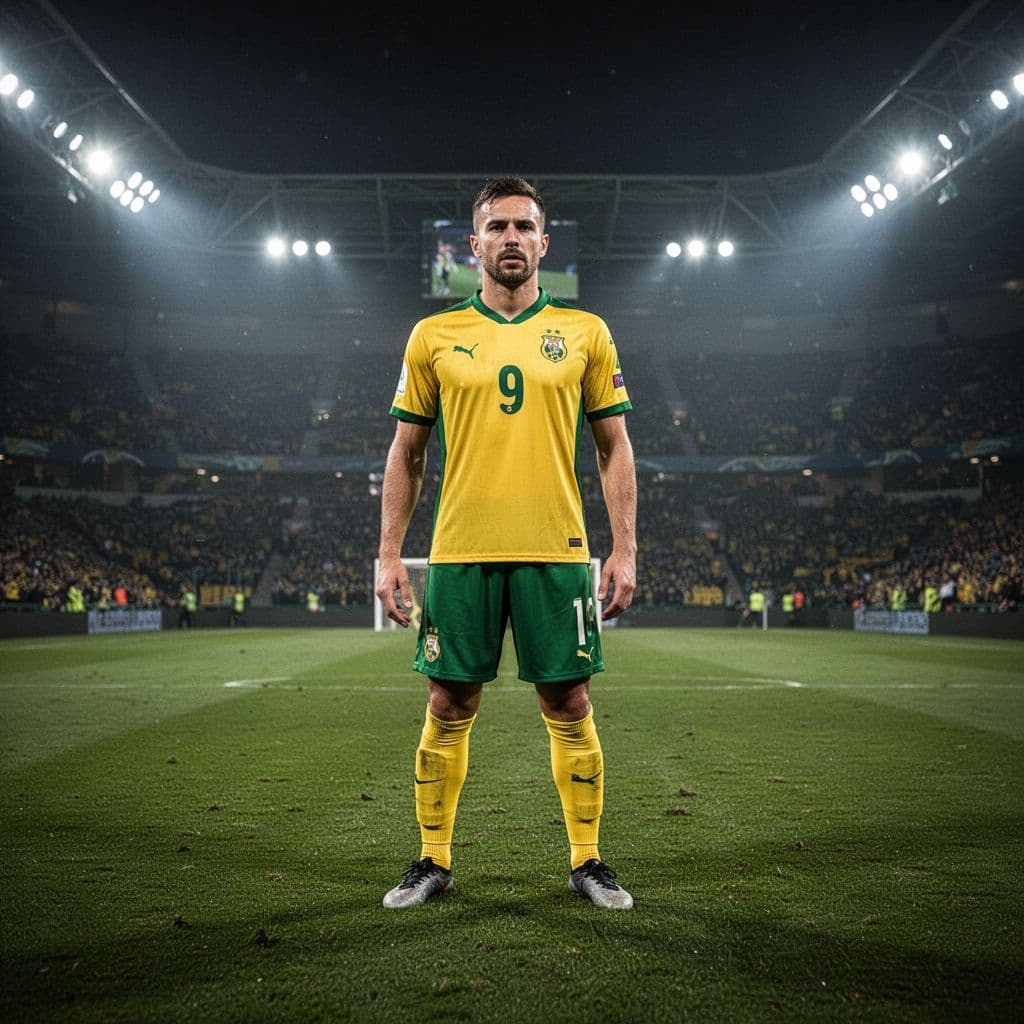 Soccer player in yellow-green jersey stands focused on green field during stadium match.