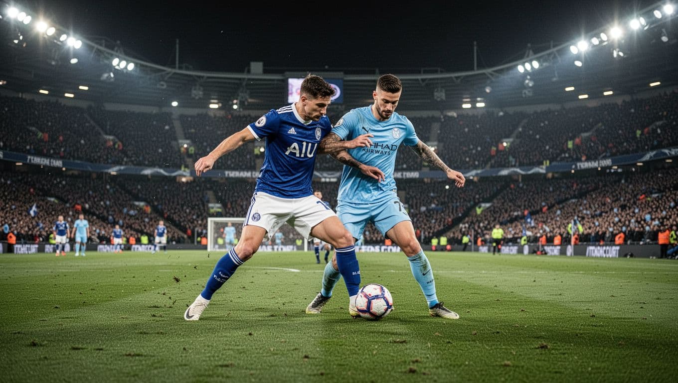 Two soccer players in different jerseys compete for the ball on a stadium pitch at night.
