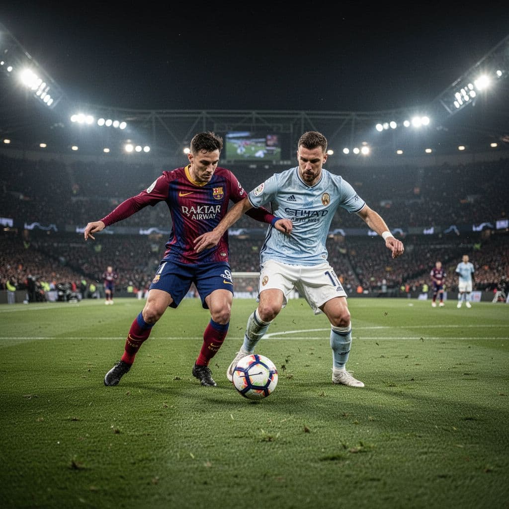 Two athletes from opposing teams scramble for control of the ball at midfield under vibrant stadium floodlights. Their bodies are angled forward in a display of athletic tension and competition.