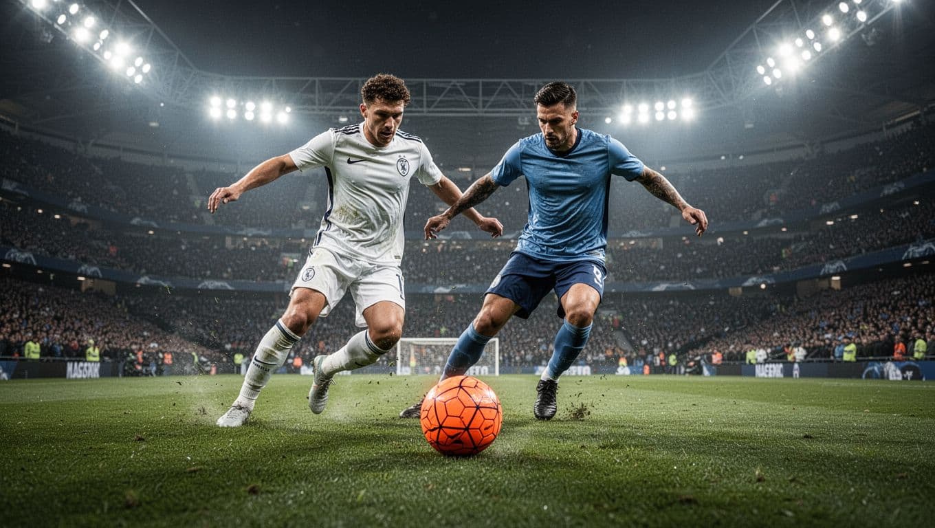 Professional players compete for a football on a lush green stadium pitch under bright artificial lights.