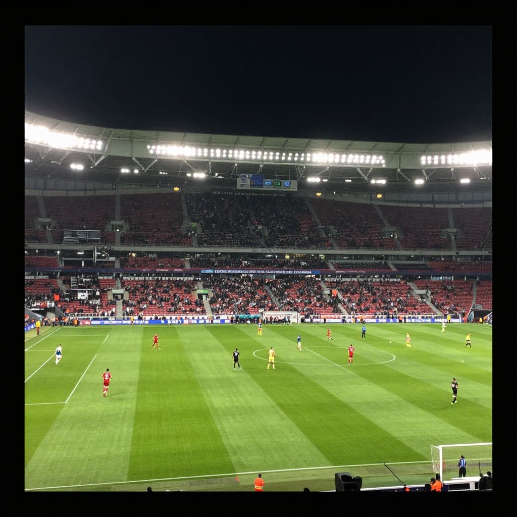 Players compete on a bright green pitch under the intense glow of stadium floodlights during a night match.
