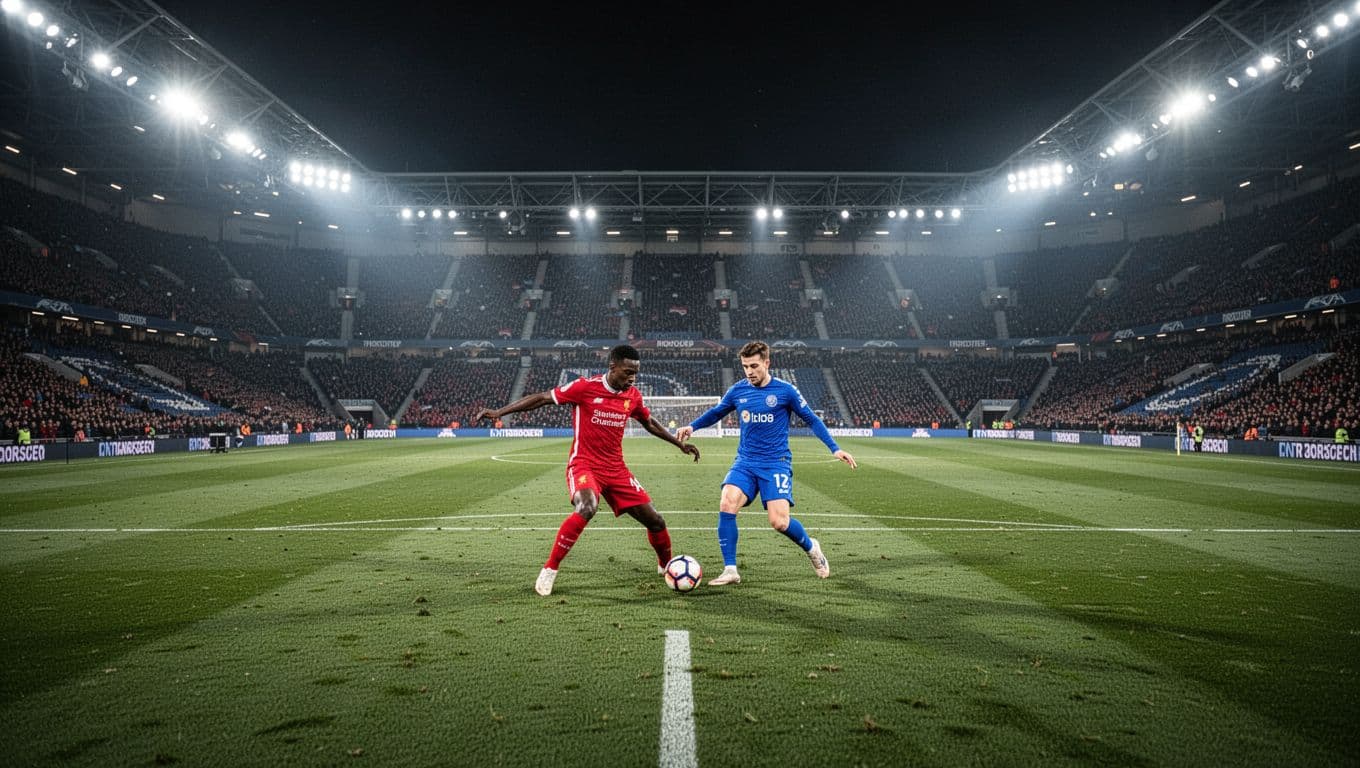 A wide view of players in red and blue kits competing on a grass pitch under bright floodlights.