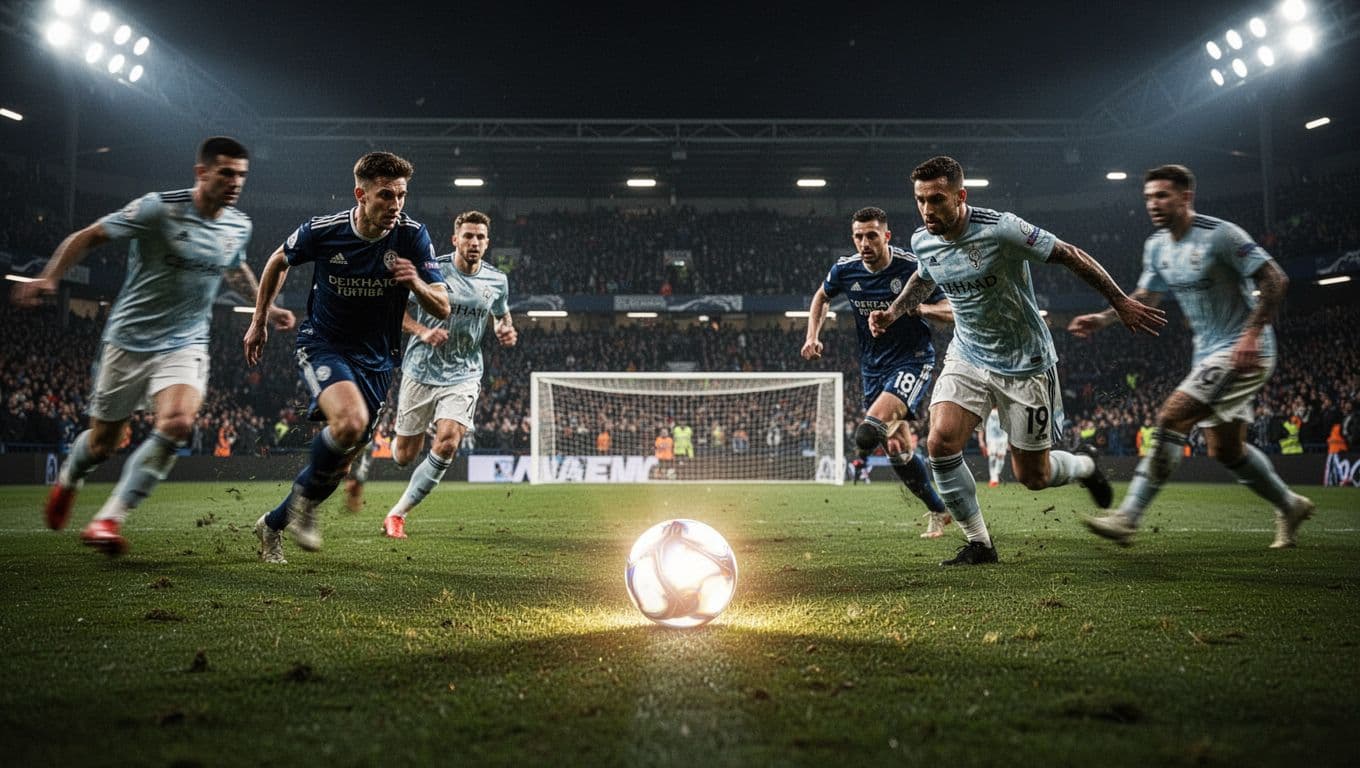 Two professional football teams compete during a high-stakes night match inside a stadium.