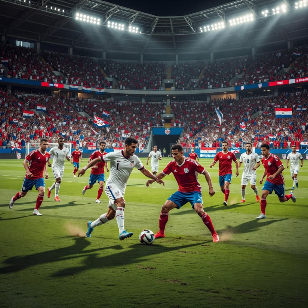 Players from two teams contest the ball at the midfield line inside a sprawling stadium. Thousands of spectators fill the tiered stands under bright floodlights that illuminate the emerald green grass.
