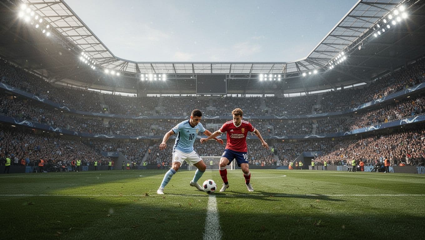Players in neutral uniforms compete for possession in the center of a massive, illuminated stadium. The wide angle shot captures the expansive scale of the arena filled with cheering crowds.