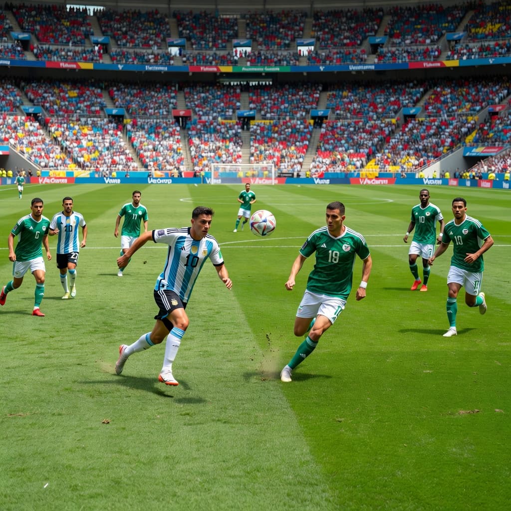 A dynamic soccer player sprints across the lush green grass toward a ball during a professional game. Blurred spectators fill the massive, brightly lit modern stadium in the background.