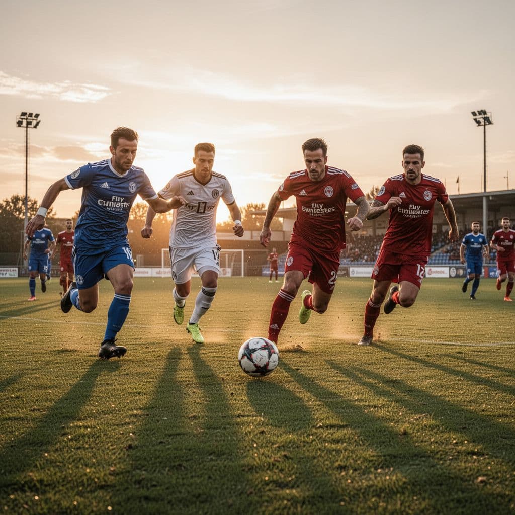 Two opposing professional teams face off on a lush green field during a vibrant golden sunset. Players sprint across the grass as shadows lengthen, capturing a moment of high-stakes athletic intensity.