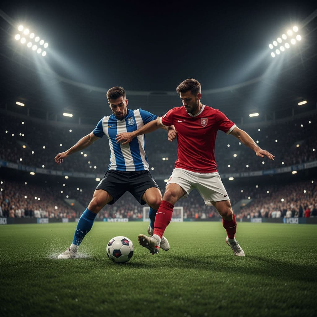Two athletes in athletic kits compete for ball possession on a lush green pitch. High stadium floodlights cast bright beams over the players during an intense, fast-paced night football match.