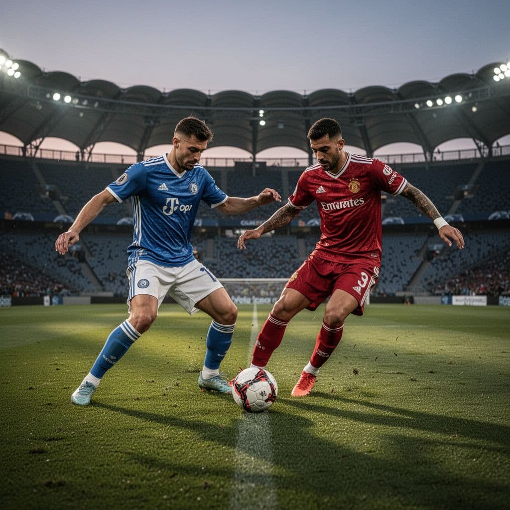 Two soccer players contest for the ball on a grass pitch during a twilight match.