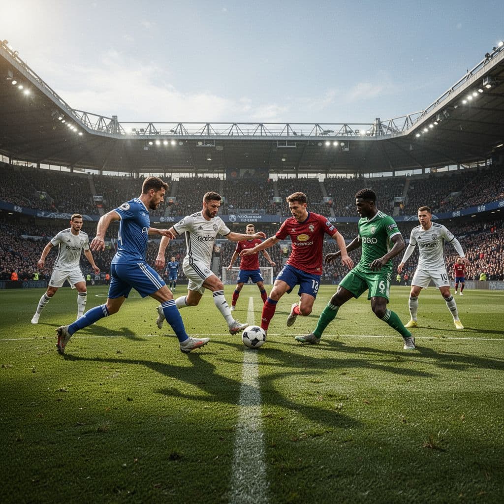 Two soccer teams compete for the ball on a green grass field during a professional daytime match.