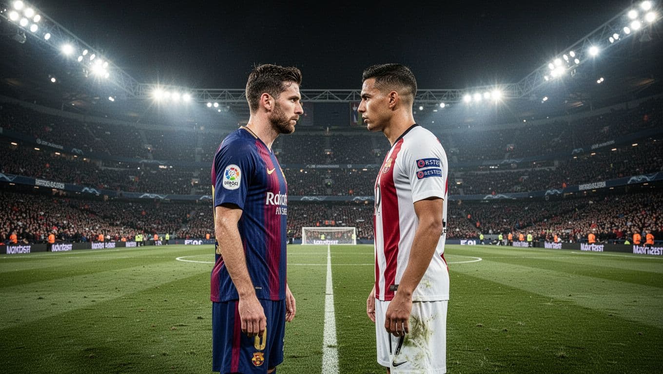 Two opposing players stand locked in a tense standoff at the center of a professional stadium field. Brilliant floodlights illuminate the green grass while the dark stands remain visible behind them.