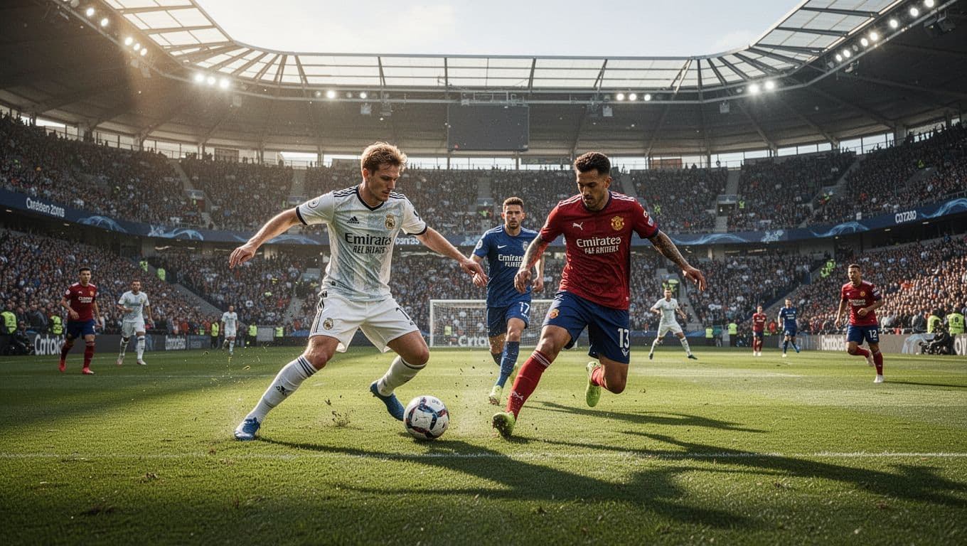 Two professional teams compete on a pristine green soccer field inside a massive, modern stadium under bright daylight. A dense, cheering crowd fills the vibrant stands surrounding the expansive playing pitch.