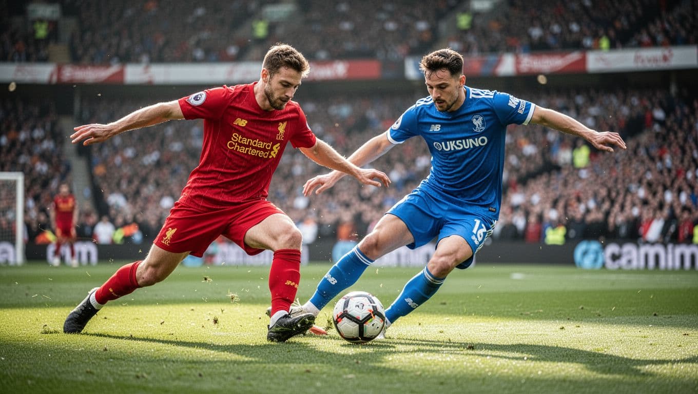 A red-jerseyed athlete and a blue-jerseyed opponent collide on a manicured green pitch while fighting for ball possession. Thousands of blurred spectators occupy the massive stadium stands under bright daylight.