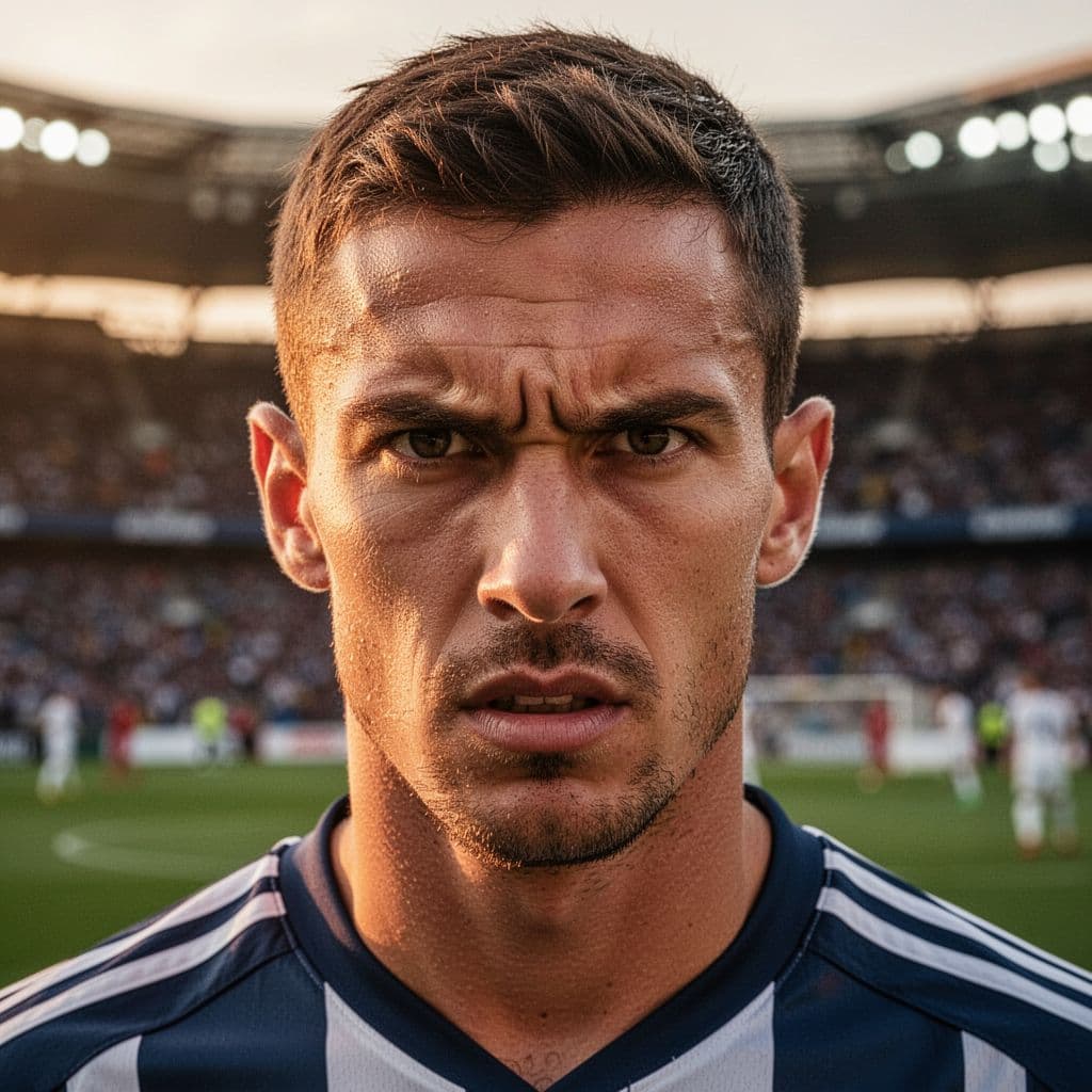 Close-up of professional soccer player's intense face in sunset-lit stadium.