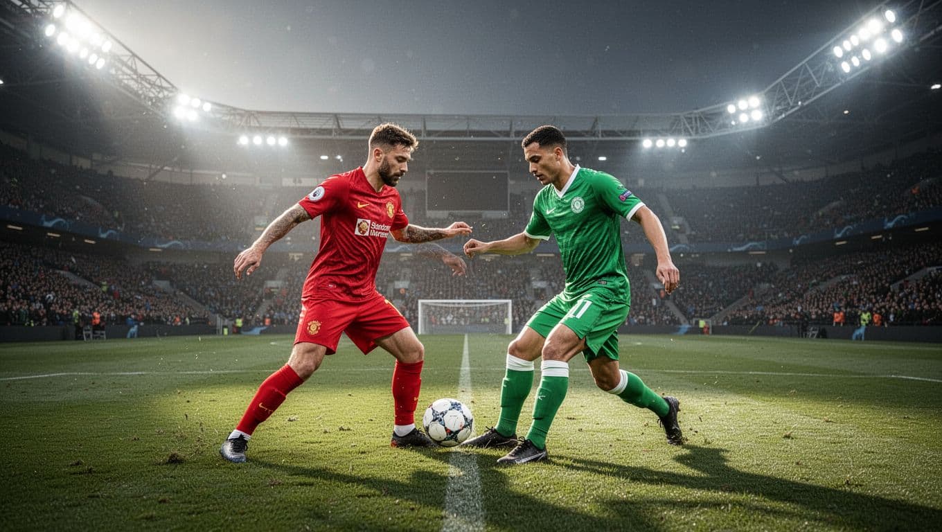 A player in a red jersey challenges an opponent wearing green on a professional pitch. Brilliant stadium lights illuminate the grass as they engage in a high-stakes tactical defensive maneuver.