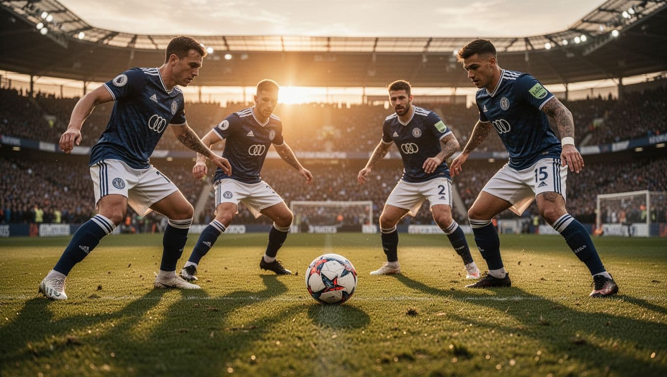 Four players in dark blue and white kits compete for the ball on grass in a large stadium at sunset.