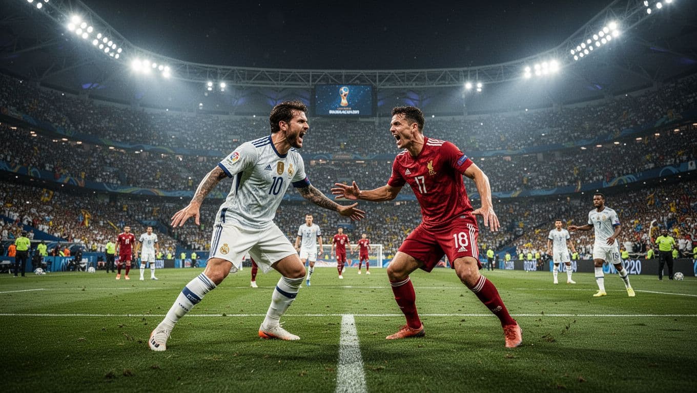 Two soccer teams compete on a vibrant pitch within a crowded stadium under bright floodlights. The surrounding stands are filled with thousands of spectators creating a thick atmosphere of nervous anticipation.