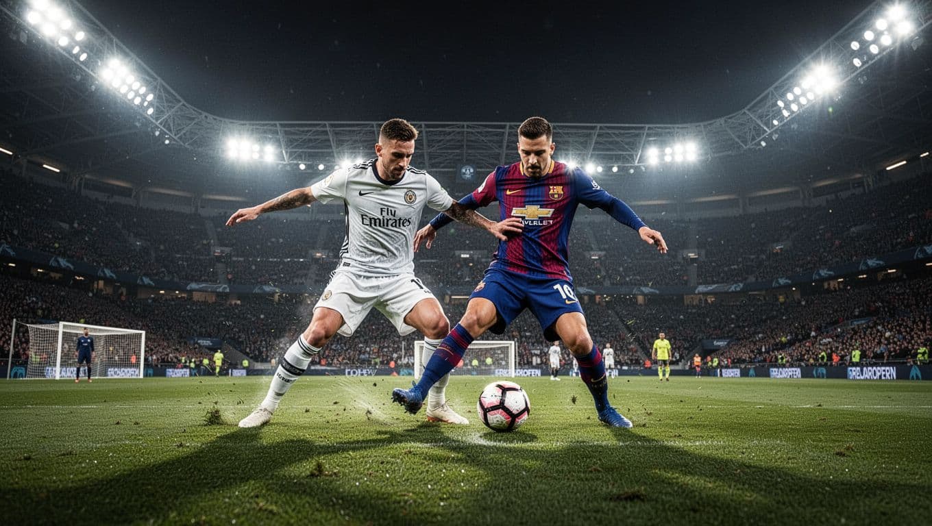 Two competing athletes duel for ball possession within a vibrant stadium penalty area under glowing night floodlights. The fast-paced action captures sharp athletic movement amidst a dramatic, high-energy stadium atmosphere.